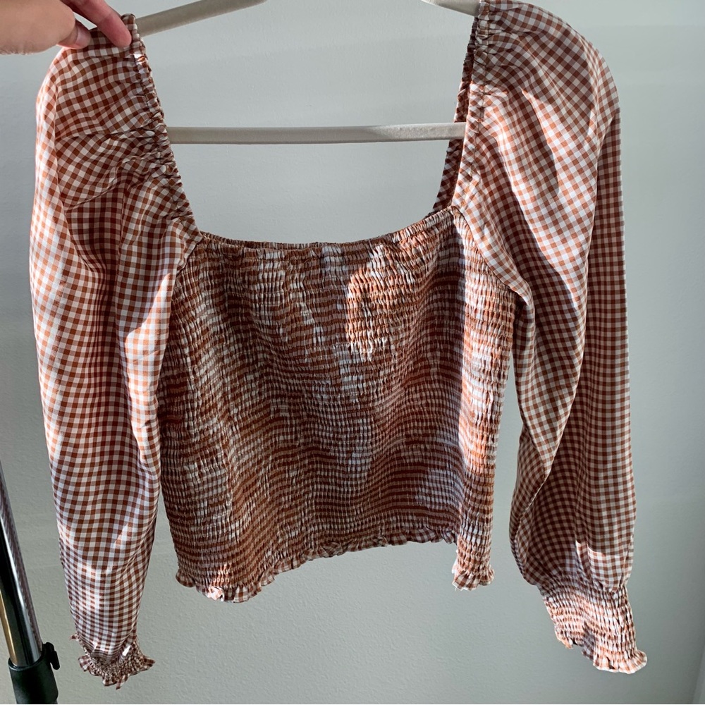 Gingham Burnt Orange Peasant Blouse Smocked Puff Long Sleeve 🎃🍁🧡
